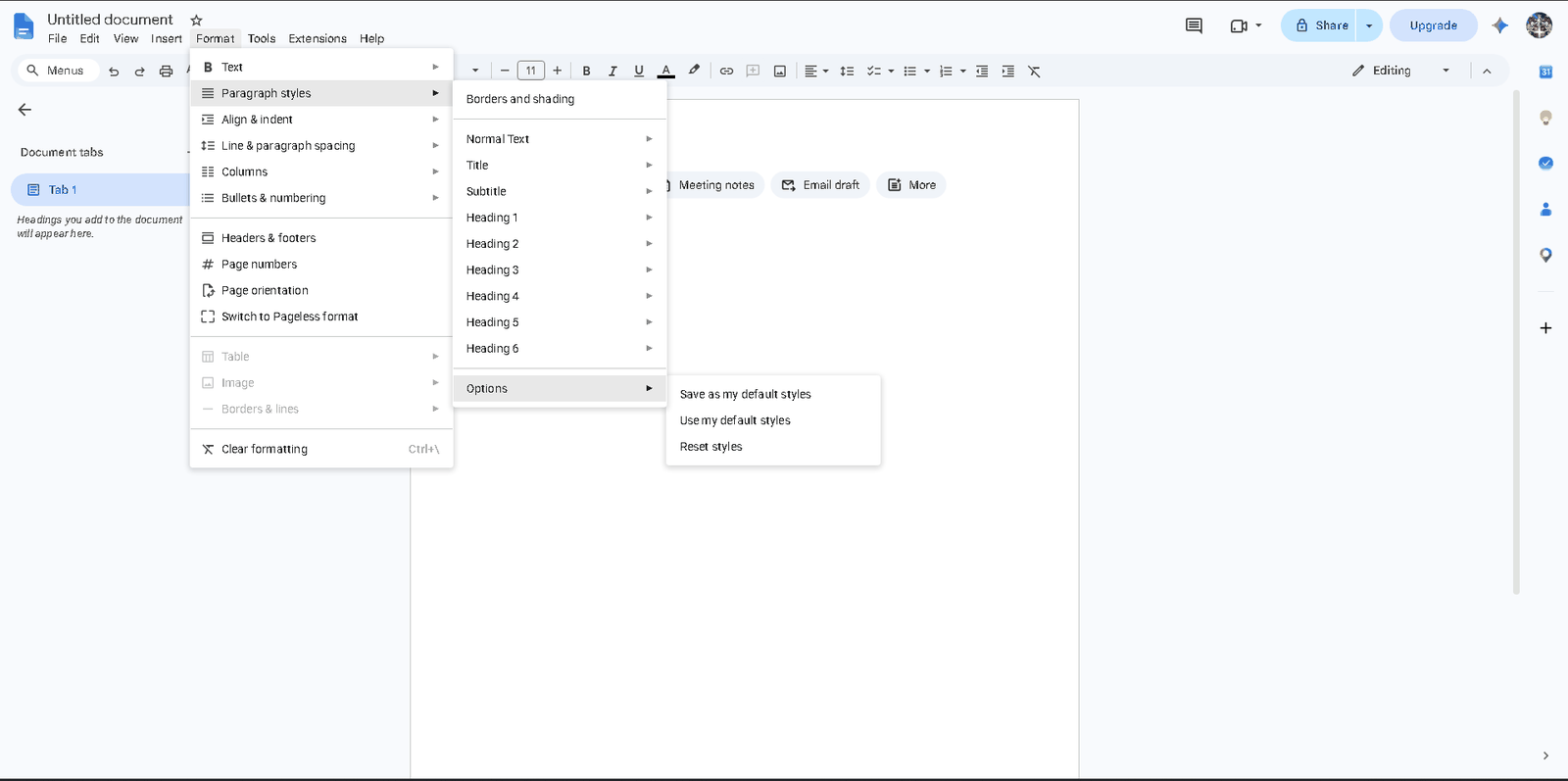 Google Docs' Format menu showing paragraph styles and manual formatting options